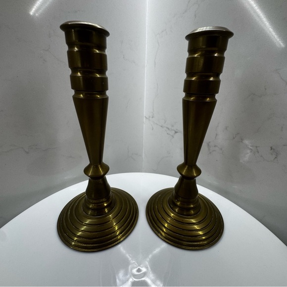 Vintage solid brass turned MCM 7” candlestick holders (set of 2) - Picture 2 of 11